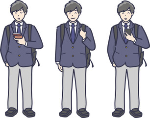 リュックを背負って通学する男子学生のイラストセット