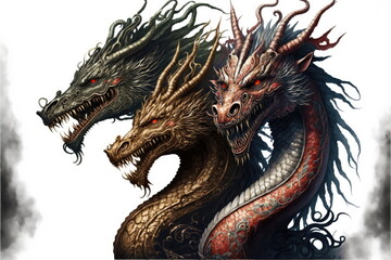 three heads of chinese dragon on white background, Made by AI,Artificial intelligence