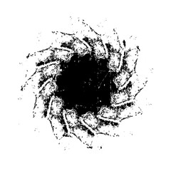 Black rotated grungy brush strokes. Distress grainy urban texture of stains, ink, dots, stripes, scratches. Spiral vector illustration. Design element for banner, poster, grungy effect