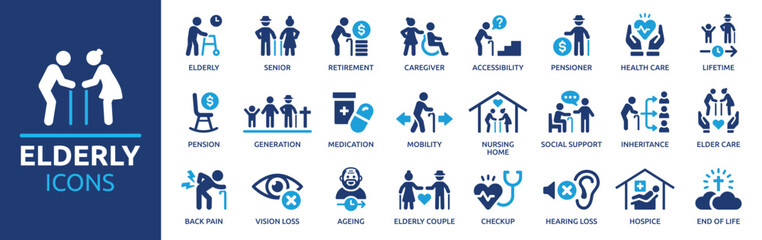 Elderly icon set. Containing senior, retirement, caregiver, accessibility, health, care, pensioner, generation, hospice, ageing and nursing home icons. Solid icon collection. - obrazy, fototapety, plakaty