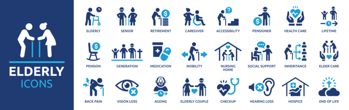 Elderly icon set. Containing senior, retirement, caregiver, accessibility, health, care, pensioner, generation, hospice, ageing and nursing home icons. Solid icon collection.