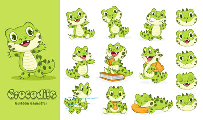 Set of green crocodile character big carnivore amphibian cartoon animal design in various motion and expression. Vector illustration cartoon character.