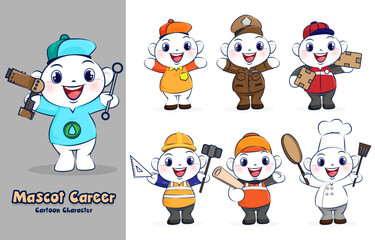 Cartoon character mascot career of different professions plumber, repairman, courier, policeman, postman, engineer, foreman, chef. Career equality concept