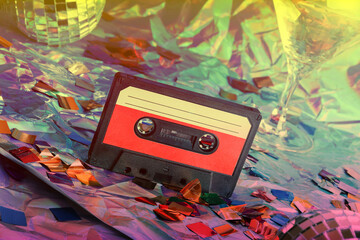 old cassette tape, disco ball and cocktail glass on crumpled neon background.retro and nostalgia...