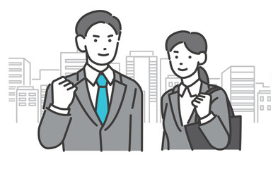 オフィス街をバックにガッツポーズをとる就活生のベクターイラスト素材／就職活動／リクルート／ビジネスパーソン
