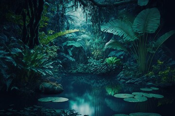  tropical jungle in the night. Generative AI