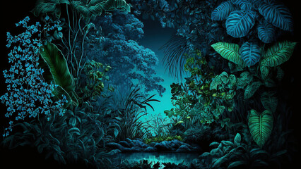  tropical jungle in the night. Generative AI - obrazy, fototapety, plakaty