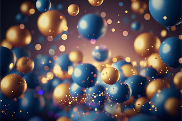 Realistic Festive background with golden and blue balloons falling confetti blurry background and a bokeh lights. Generative AI