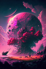 Fototapeta premium Viva Magenta Mirage: A Pantone 2023 Fantasy Landscape. Phone wallpaper