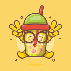 cute bubble tea drink character mascot with peace sign hand isolated cartoon in flat style design 