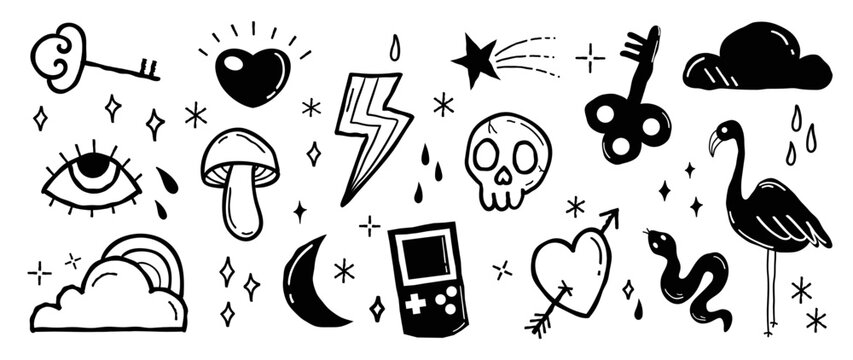 Set of doodle element vector illustration. Hand drawn vibrant color icon collection of heart, key, eye, mushroom, star, skull, heart, snake, flamingo. Design for logo, tattoo, sticker, decoration.