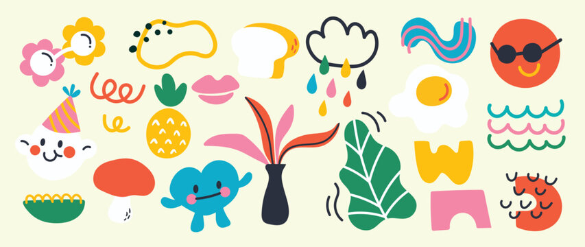 Set of doodle element vector illustration. Hand drawn vibrant color icon collection of eyeglasses, pineapple, comic character, fried egg, bread, scribble. Design for logo, tattoo, sticker, decoration.