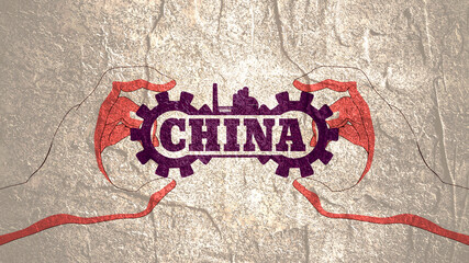 Fototapeta premium Hand holding China country name with factory and gears icons.