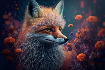 Fototapeta na wymiar Inquisitive and cunning red fur fox in meadow of colorful spring fantasy flowers in bloom. Curious and graceful wild beauty with intelligent piercing eyes - generative AI illustration.