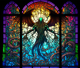 An eldritch monster, stained glass window. Generative AI