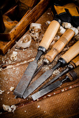 Various working tools on wood on the table. 