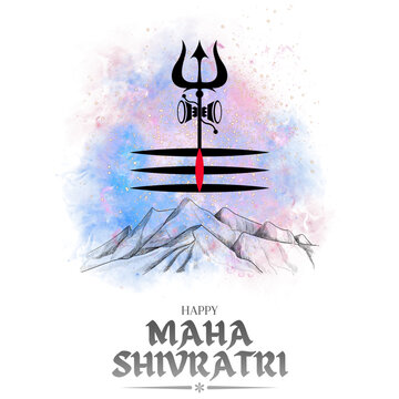 happy maha Shivratri with trisulam and Himalayas over abstract Milky Way, a Hindu festival celebrated of lord shiva night, english calligraphy. vector illustration.