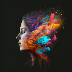 a beautiful woman side portrait whose brain is burst with vivid colorful powder isolated on black background.