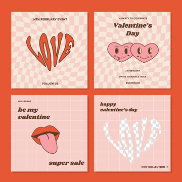 Set Valentine greeting cards in retro 60s 70s 80s groovy style. Square banner template for social media ig post. Heart characters. Love concept posters trippy background. Vector flat illustration.