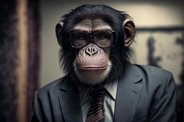 Chimpanzee chimp business portrait dressed as a manager or ceo in a formal office business suit with glasses and tie. Ai generated