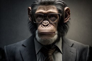 Chimpanzee chimp business portrait dressed as a manager or ceo in a formal office business suit with glasses and tie. Ai generated