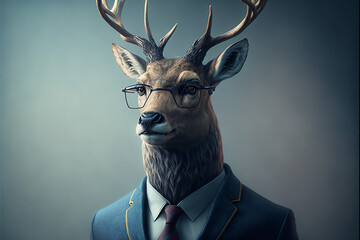 Deer business portrait dressed as a manager or ceo in a formal office business suit with glasses and tie. Ai generated