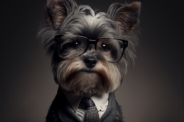 dog business portrait dressed as a manager or ceo in a formal office business suit with glasses and tie. Ai generated
