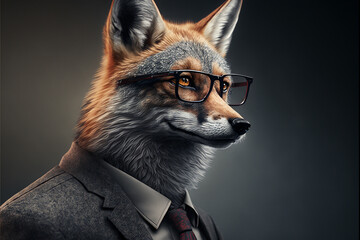 Jackal business portrait dressed as a manager or ceo in a formal office business suit with glasses and tie. Ai generated
