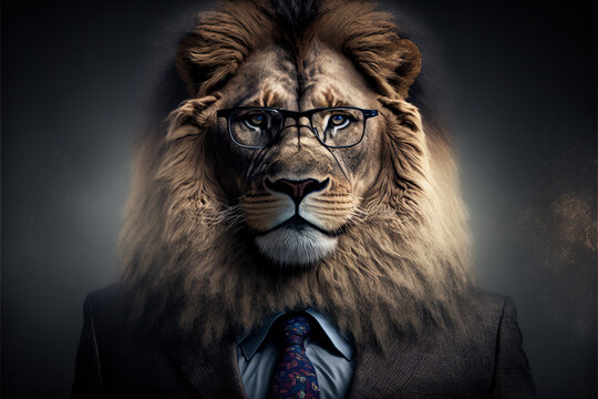 Lion business portrait dressed as a manager or ceo in a formal office business suit with glasses and tie. Ai generated