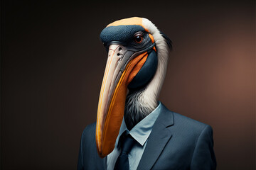Pelican business portrait dressed as a manager or ceo in a formal office business suit with glasses and tie. Ai generated
