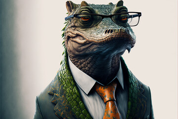 Alligator business portrait dressed as a manager or ceo in a formal office business suit with glasses and tie. Ai generated