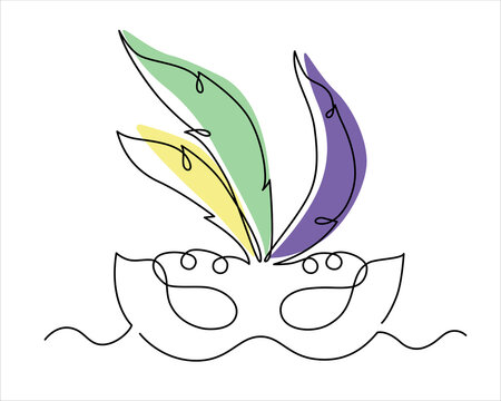 recommend clip art: Mardi gras carnival feather mask drawing single continuous line art purple green and yellow color