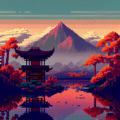 Pixel Art Illustration of a Japanese Landscape Generative