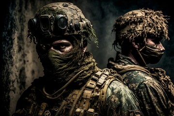 A special forces soldier is assessing a war conflict scenario inside an enemy bunker. The soldier is ready to make crucial decisions in the heat of battle. Created with generative AI.