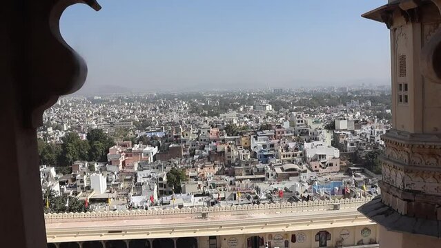 Udaipur, Rajasthan, India 1st January 2023: Udaipur City Palace Famous romantic luxury Rajasthan and Indian iconic tourist landmark. Majestic Interiors of City Palace made by Mewar dynasty Rajputs.