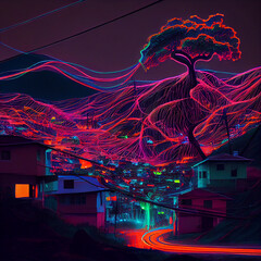 A brazilian landscape made entirely of neon light Generative AI
