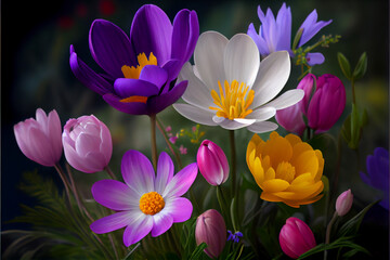 Obraz na płótnie Canvas Beautiful blooming spring flowers; generative AI