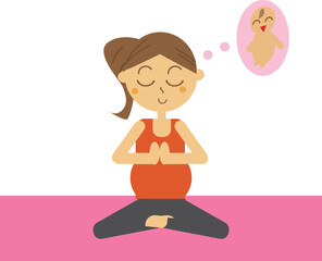 産まれてくる赤ちゃんを想像しながらマタニティヨガで瞑想のポーズをしている女性のイラスト