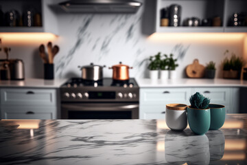 Naklejka na ściany i meble marble counter tabletop with copy space over blurred modern kitchen background. Generative Ai.