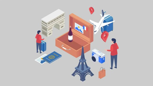 Traveling animated isometric concept. Great for business, technology, education, communication, startup and company around the World. Traveling illustration animation footage motion graphic.