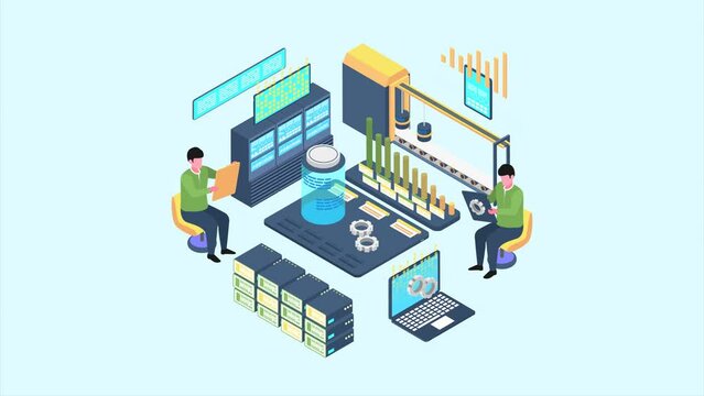 Automation animated isometric concept. Great for business, technology, education, communication, startup and company around the World. Automation illustration animation footage motion graphic.