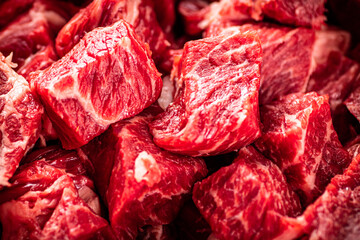 Pieces of raw beef. Macro background. 