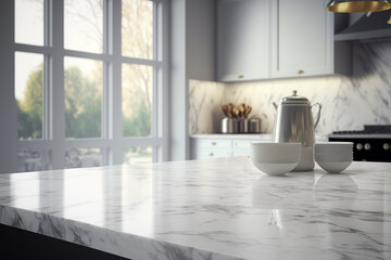 marble counter tabletop with copy space over blurred modern kitchen background. Generative Ai.