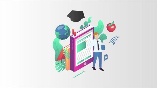 Online Learning animated isometric concept. Great for business, technology, education, communication, startup and company around the World. Online Learning illustration animation.