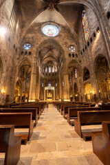 Fototapeta na wymiar Panorama inside the Cathedral of Saint Mary of Girona in Catalonia in winter 2023.