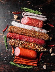 Assortment of various aromatic salami sausages. 