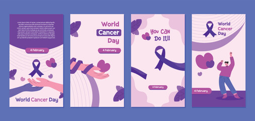 World Cancer Day Flat Design icon set Health Care and Social Media Story for Vector Illustration Template with Purple Color Flat Cartoon Background.