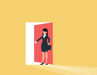 Entering new opertunities, Direction achieve goal.  Business woman opening the secret door.