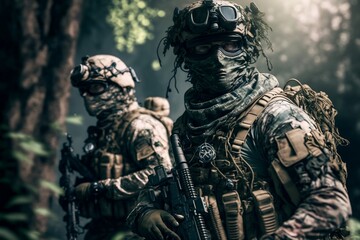 A squad of soldiers is patrolling a mined jungle area, heavily armed and dressed in camouflage attire. They are alert and focused as they navigate the treacherous terrain. Created with generative AI.