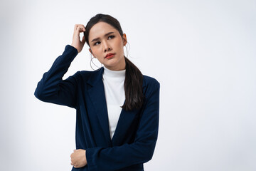 Tired Asian businesswoman in stress works isolated on white background.